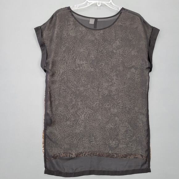 Divided By H&M Brown Shirt Sheer Blouse Leopard Print Short Cap Sleeves Womens 4 - Picture 2 of 8